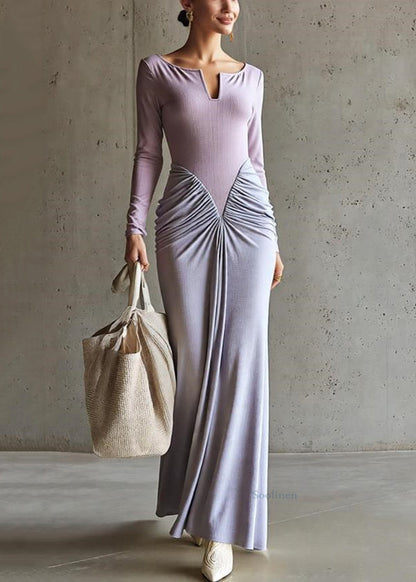 Slim Fit Purple Wrinkled Patchwork Cotton Maxi Dresses Spring