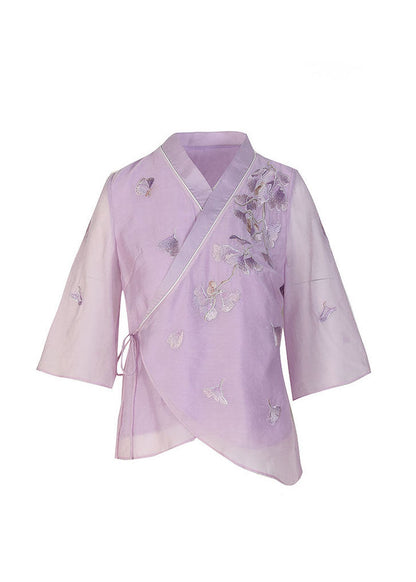 Slim Fit Purple Tie Waist V Neck Silk Tops Spring
