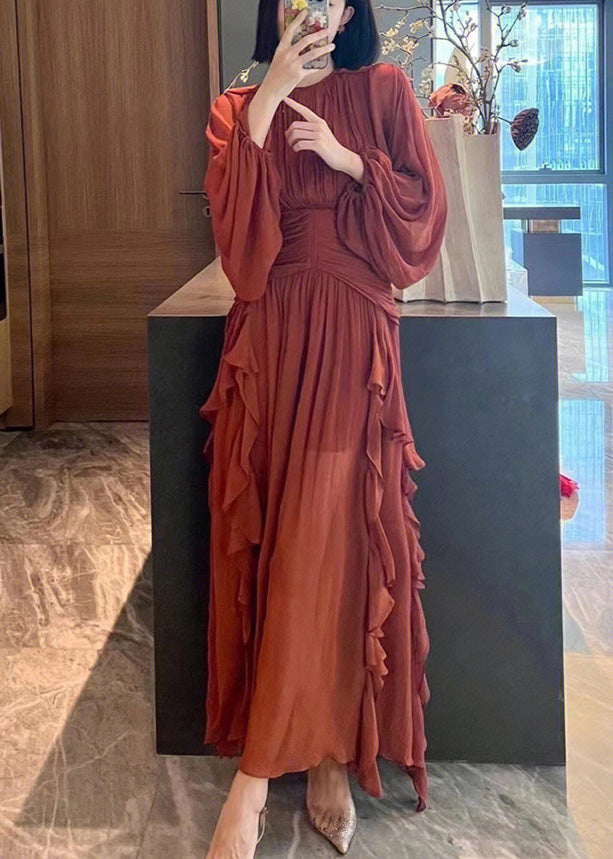 Slim Fit Red O-neck Wrinkled Party Chiffon Maxi Dress Spring