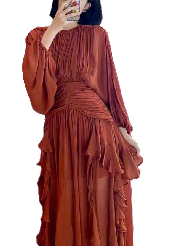 Slim Fit Red O-neck Wrinkled Party Chiffon Maxi Dress Spring