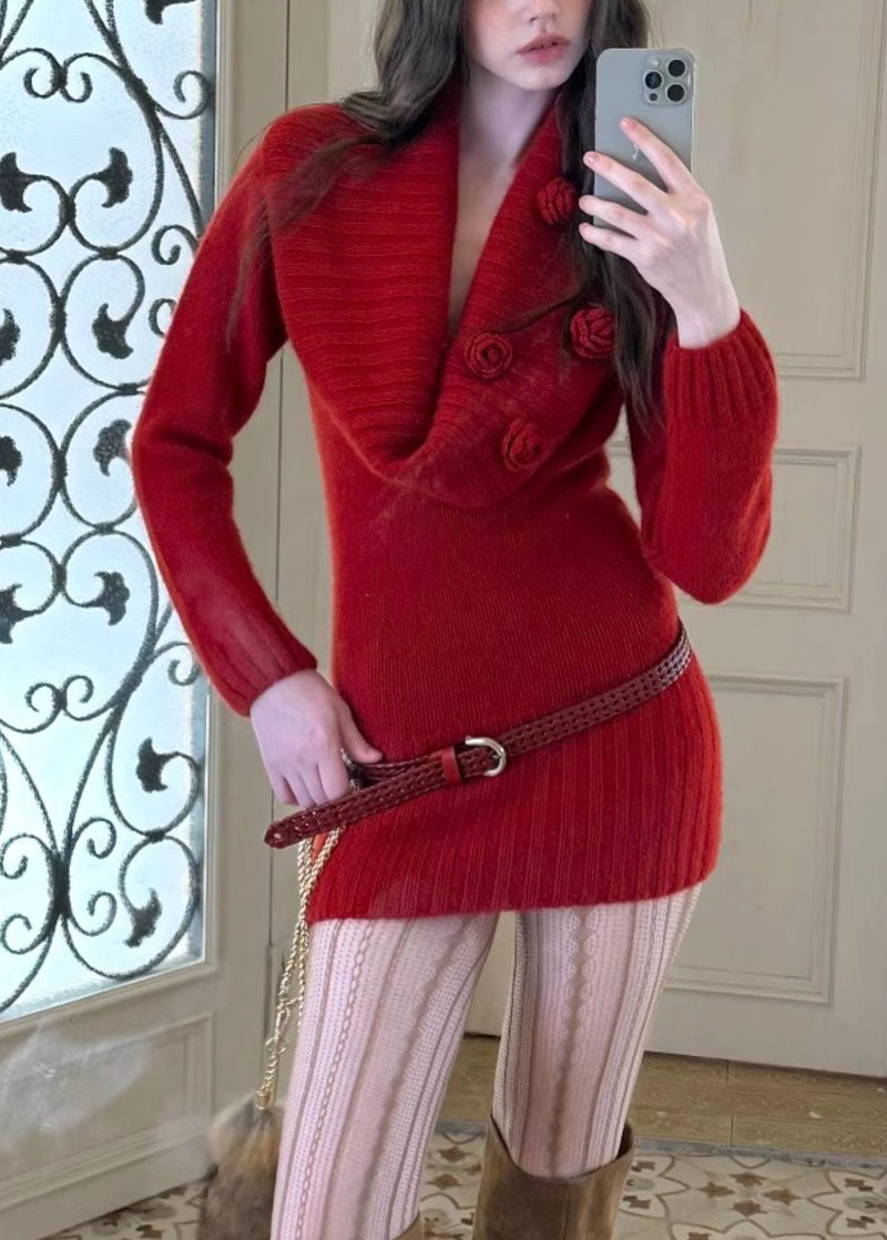 Slim Fit Red Sashes Cotton Knit Mid Sweater Dress Spring