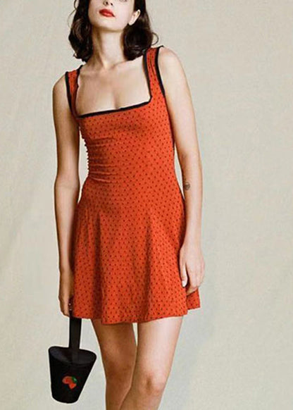 Slim Fit Red Square Collar Dot Print Spaghetti Strap Mid Dress Sleeveless