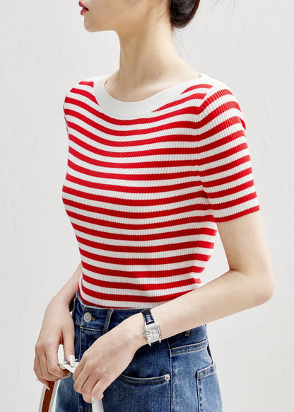 Slim Fit Red Striped O-neck Silk Knit T Shirts Sleeve