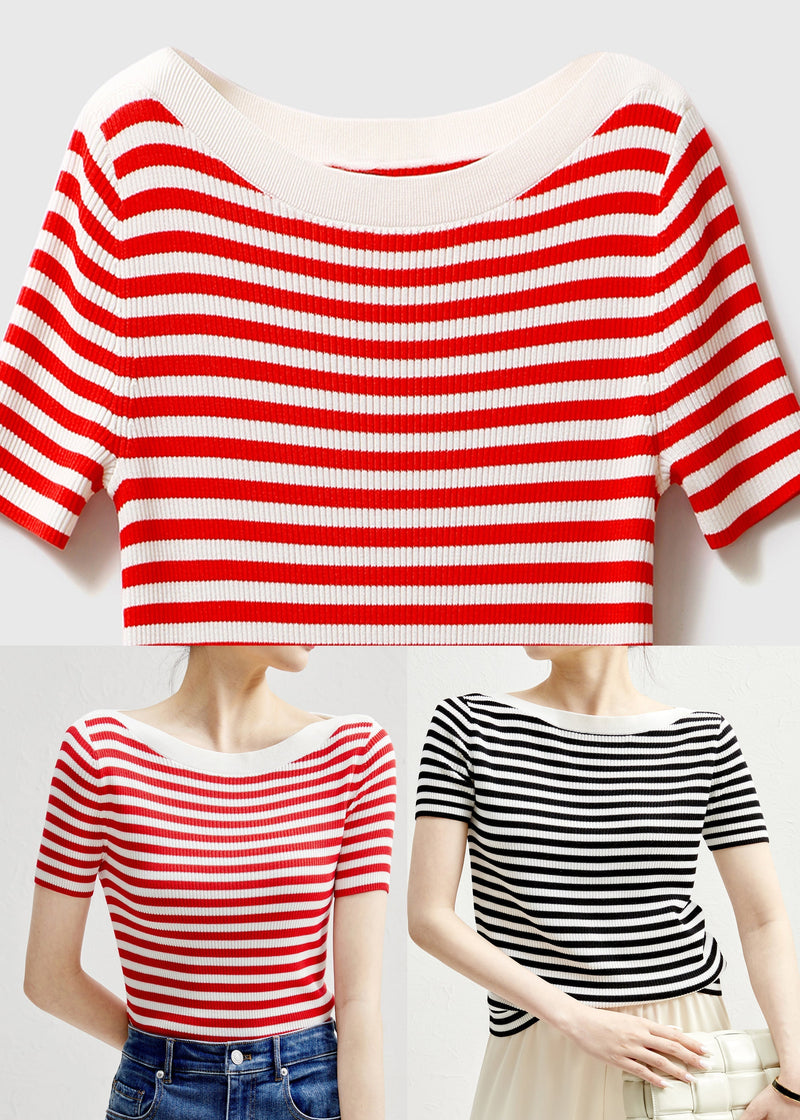 Slim Fit Red Striped O-neck Silk Knit T Shirts Sleeve