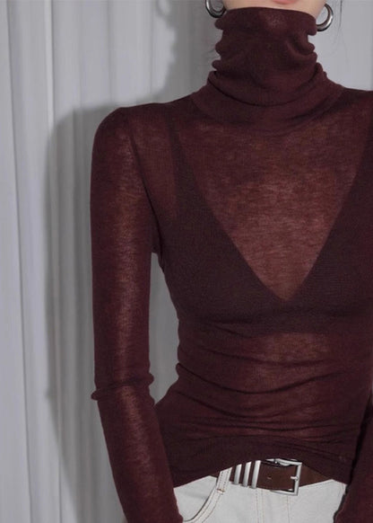 Slim Fit Red Turtlene Solid Knit Top Spring
