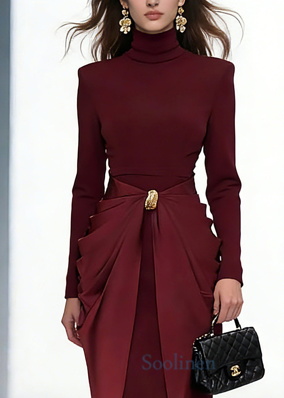 Slim Fit Red Turtleneck Patchwork Vacation Long Dresses Spring