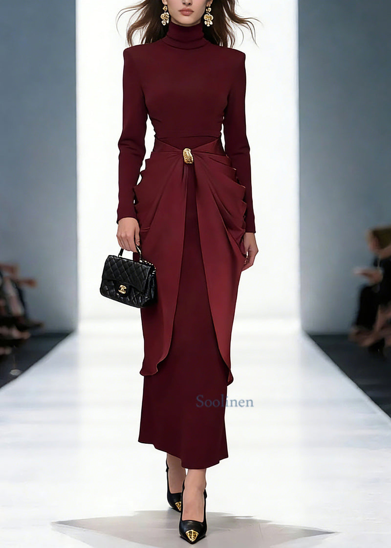Slim Fit Red Turtleneck Patchwork Vacation Long Dresses Spring