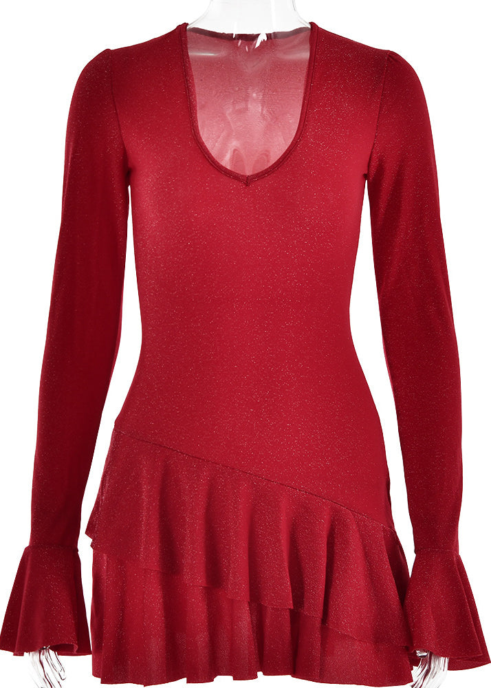 Slim Fit Red U Neck Patchwork Mid Dresses Flare Sleeve