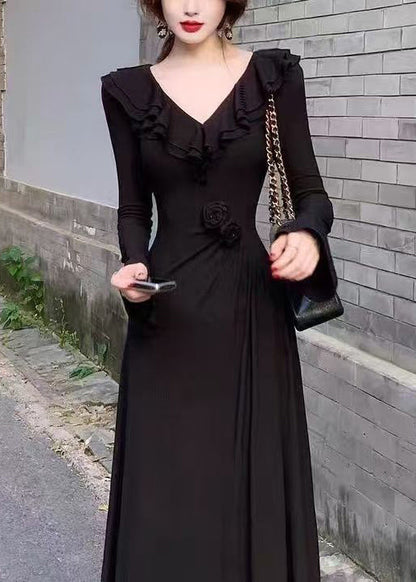 Slim Fit Red V Neck Cotton Long Dress Spring