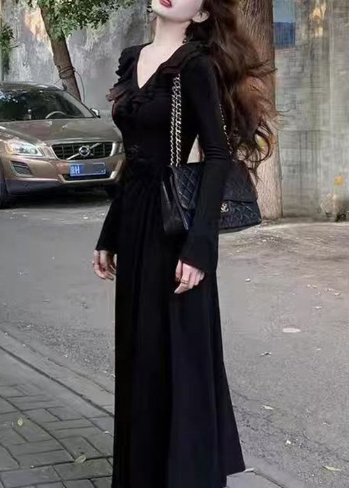 Slim Fit Red V Neck Cotton Long Dress Spring