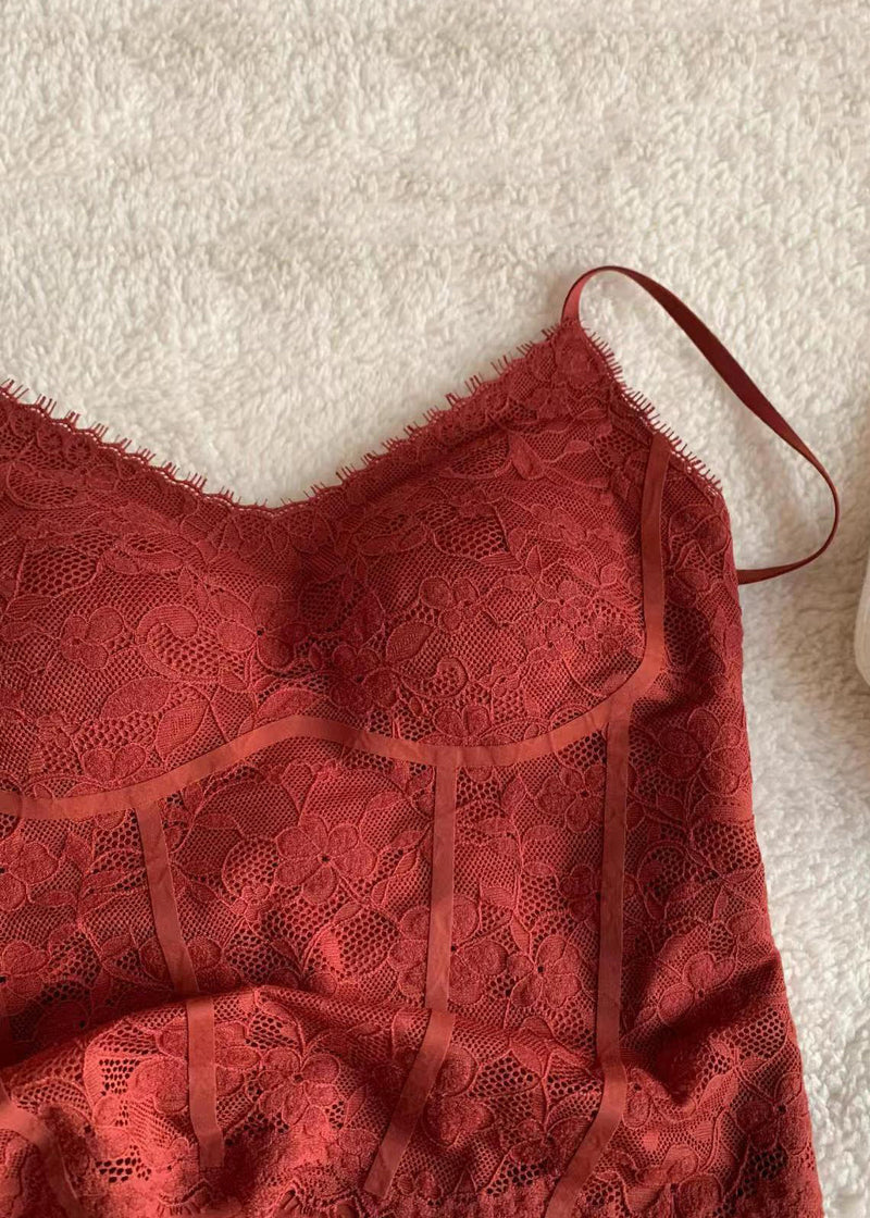Slim Fit Red V Neck Lace Spaghetti Strap Tank Sleeveless