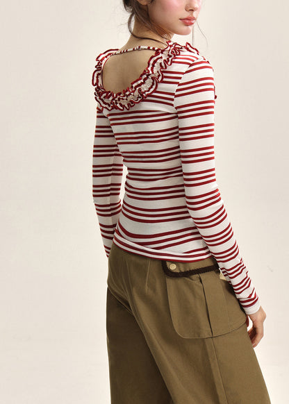 Slim Fit Red White Striped U Neck Top Fall