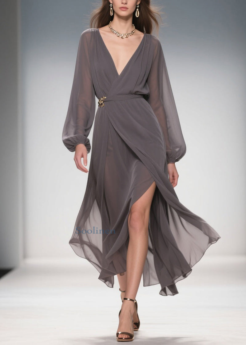Slim Fit Smoky Gray V Neck Side Open Chiffon Long Dress Spring