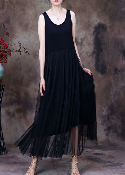 Slim Fit White O-neck Tulle Patchwork Cotton Spaghetti Strap Dress Sleeveless