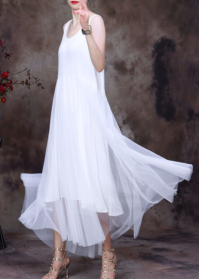 Slim Fit White O-neck Tulle Patchwork Cotton Spaghetti Strap Dress Sleeveless
