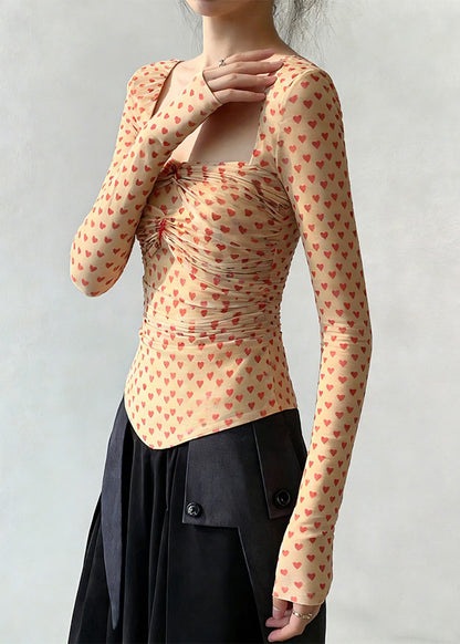 Slim Fit Square Collar Loving Heart Wrinkled Tulle T Shirts Spring