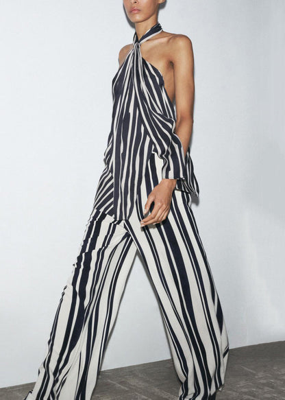 Slim Fit Striped Backless Tank and Pants Cotton Two Pieces Set Sleeveless