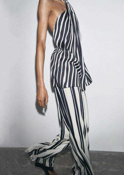 Slim Fit Striped Backless Tank and Pants Cotton Two Pieces Set Sleeveless