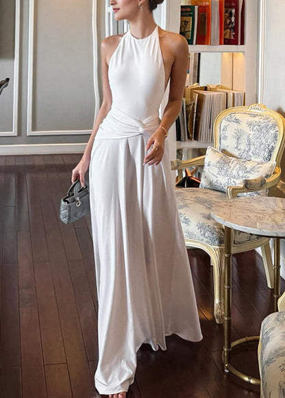 Slim Fit White Backless Cotton Ankle Dress Sleeveless
