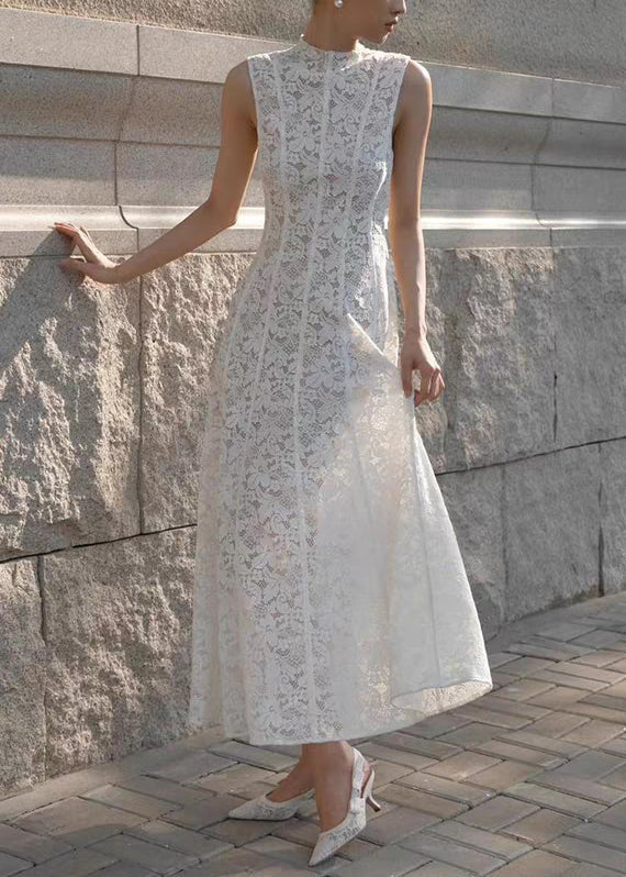 Slim Fit White High Waist Lace Long Dress Sleeveless