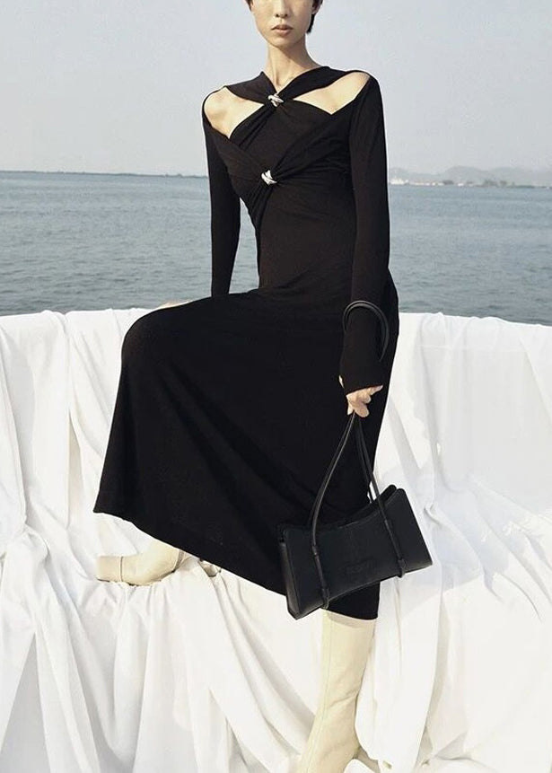 Slim Fit White Hollow Out Knitting Cotton Long Dresses Fall