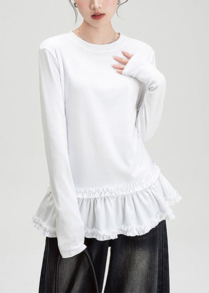 Slim Fit White O Neck Ruffled Cotton T Shirt Spring