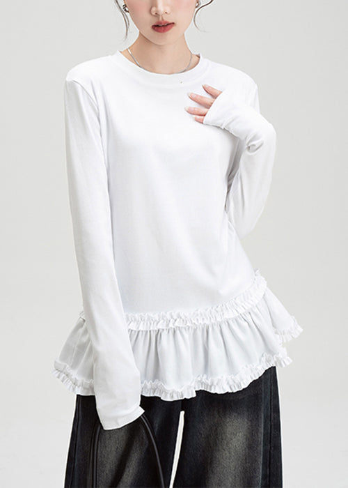 Slim Fit White O Neck Ruffled Cotton T Shirt Spring