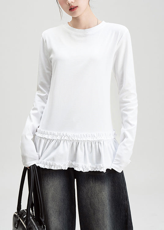 Slim Fit White O Neck Ruffled Cotton T Shirt Spring