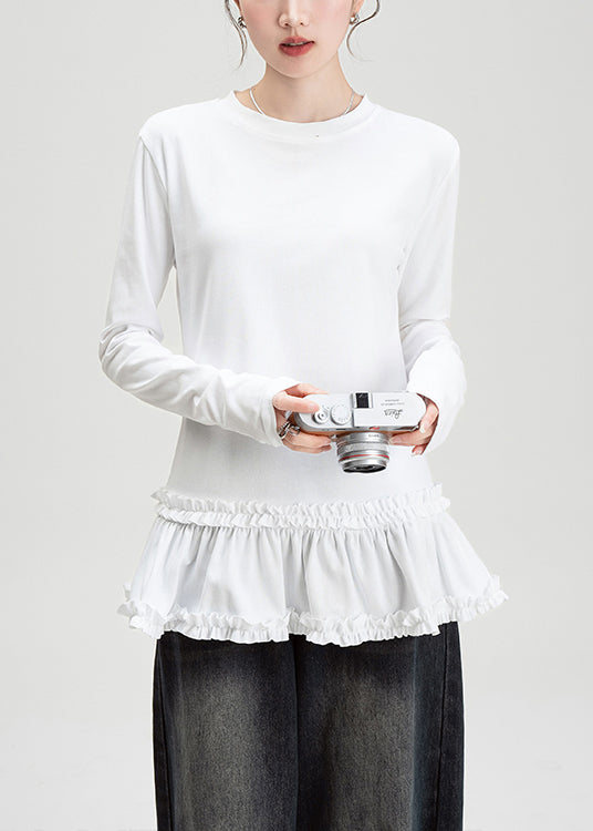Slim Fit White O Neck Ruffled Cotton T Shirt Spring