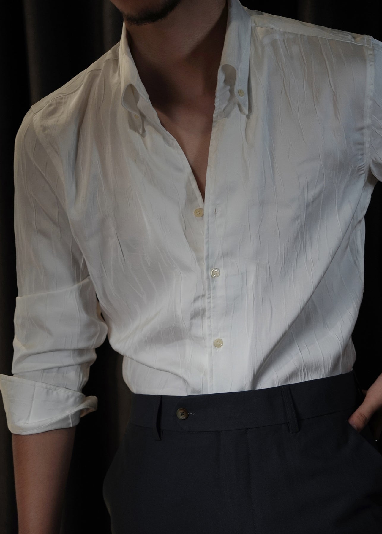 Slim Fit White Original Design Button Silk Shirts Men Fall