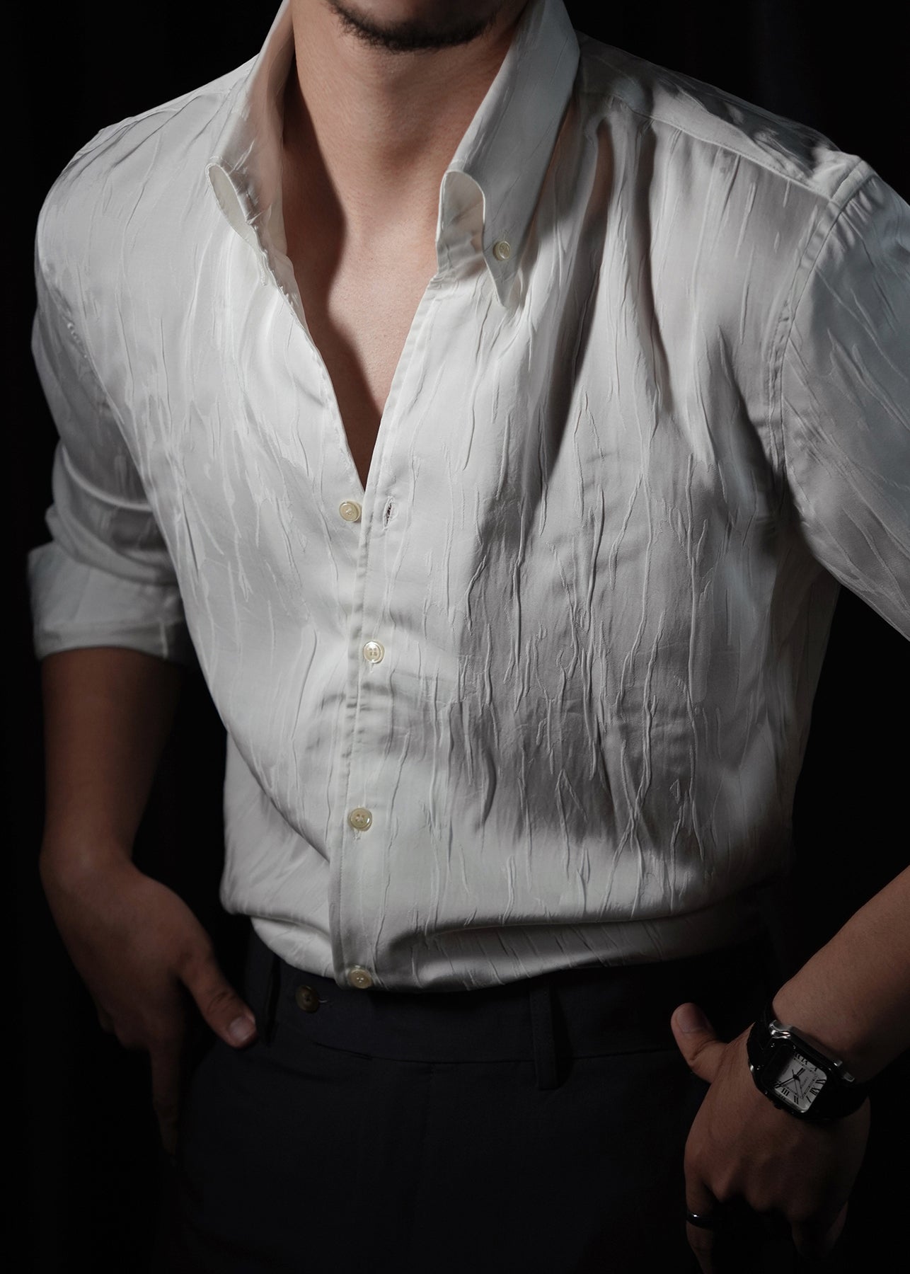 Slim Fit White Original Design Button Silk Shirts Men Fall