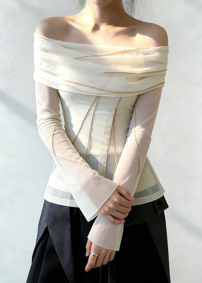 Slim Fit White Slash Neck Patchwork Tulle Blouses Spring
