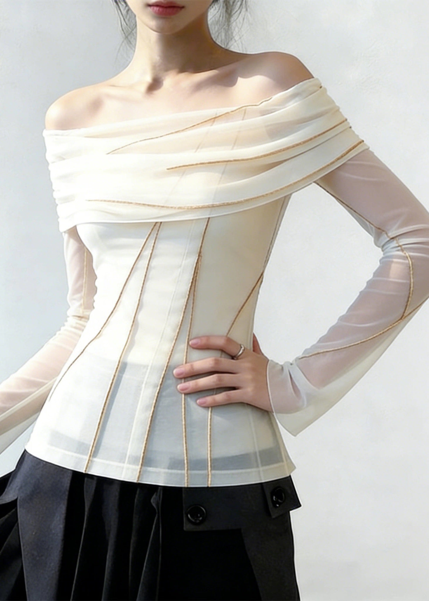 Slim Fit White Slash Neck Patchwork Tulle Blouses Spring