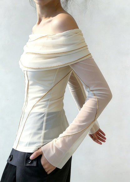 Slim Fit White Slash Neck Patchwork Tulle Blouses Spring