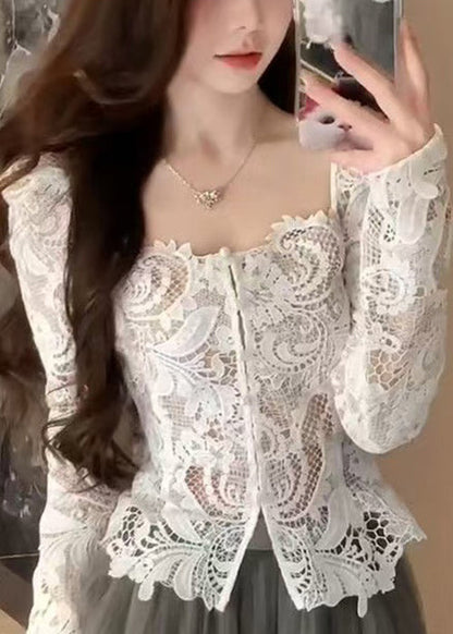 Slim Fit White Square Collar Hollow Out Lace Shirt Fall