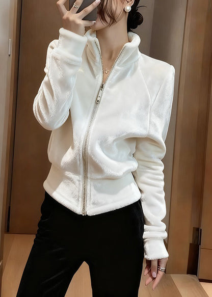 Slim Fit White Stand Collar Zip Up Silk Velvet Coats Spring