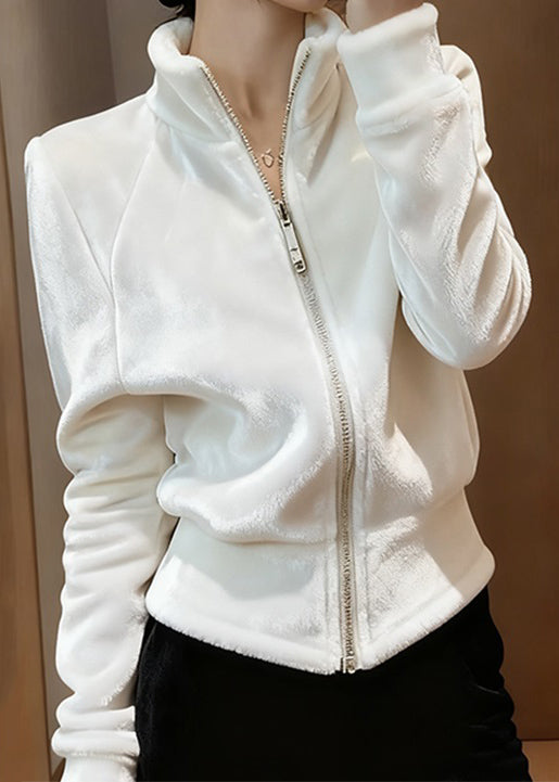 Slim Fit White Stand Collar Zip Up Silk Velvet Coats Spring