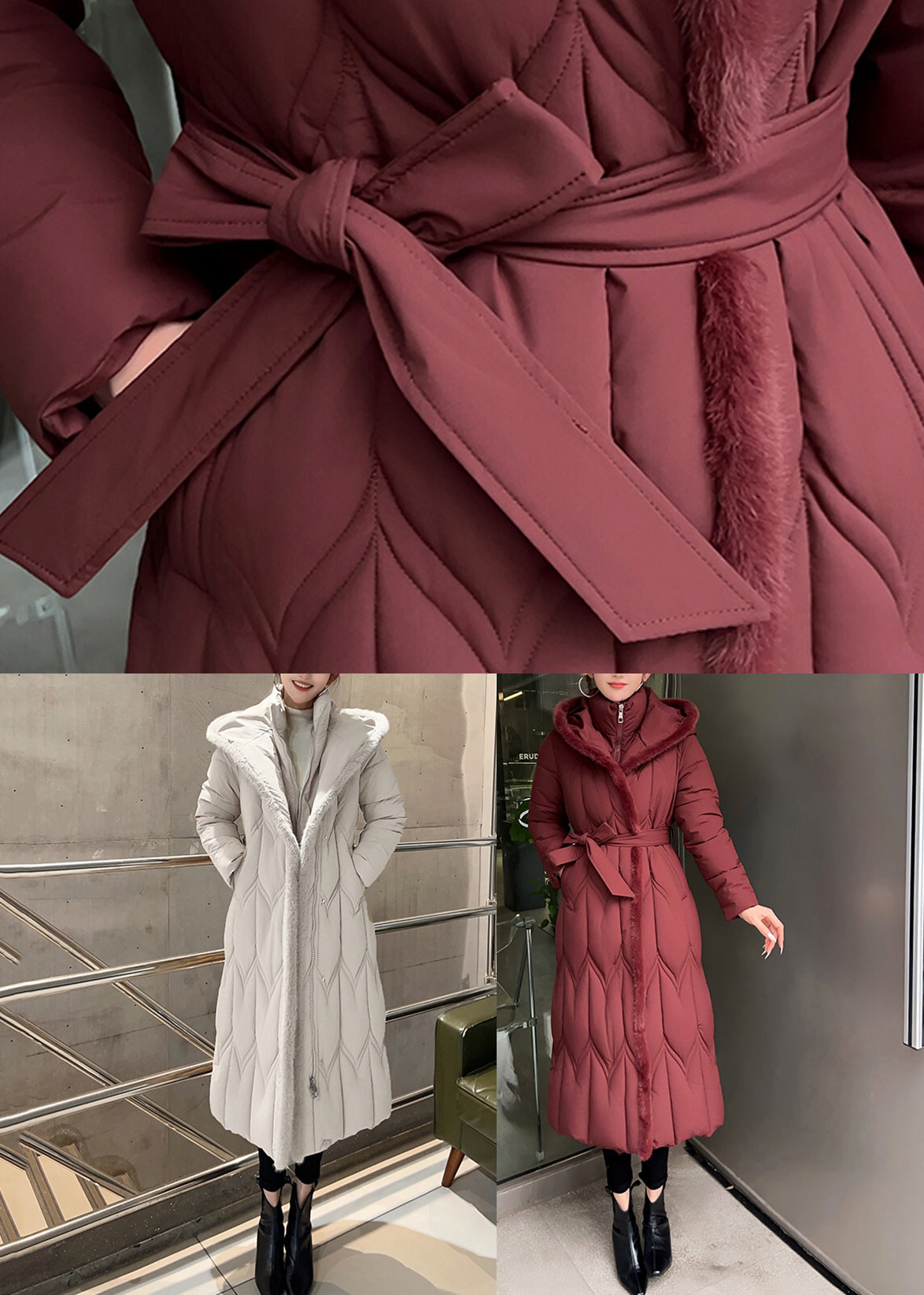 Slim Fit White Stand Collar Zippered Long Parka Winter