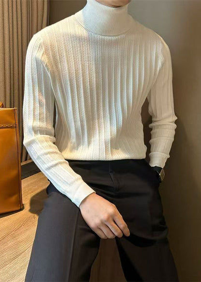 Slim Fit White Turtleneck Striped Knit Sweaters Winter