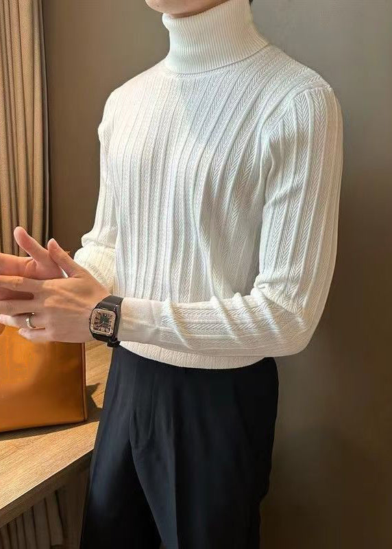 Slim Fit White Turtleneck Striped Knit Sweaters Winter