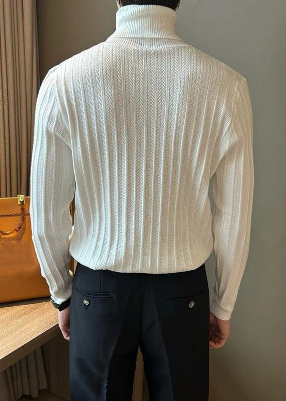 Slim Fit White Turtleneck Striped Knit Sweaters Winter