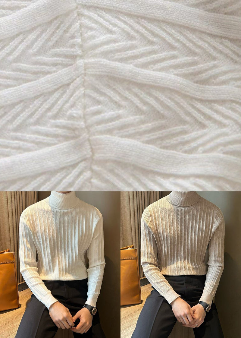 Slim Fit White Turtleneck Striped Knit Sweaters Winter