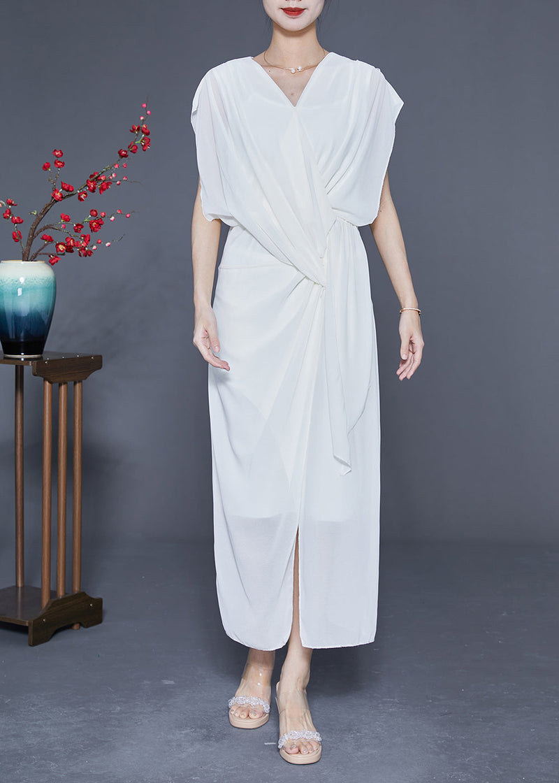 Slim Fit White V Neck Asymmetrical Cross Chiffon Holiday Dress Summer