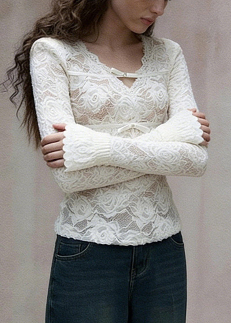 Slim Fit White V Neck Bow Lace T Shirt Spring