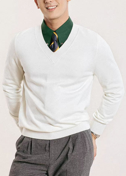 Slim Fit White V Neck Knit Sweater Fall