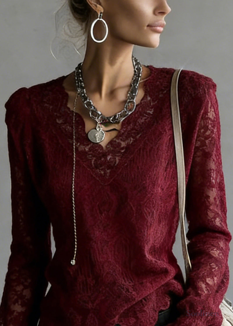 Slim Fit Wine Red V Neck Top Flare Sleeve