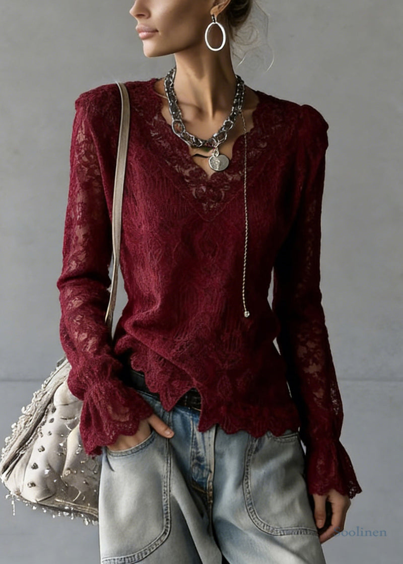 Slim Fit Wine Red V Neck Top Flare Sleeve