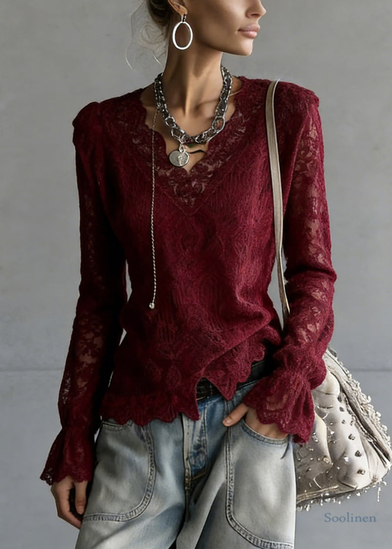 Slim Fit Wine Red V Neck Top Flare Sleeve