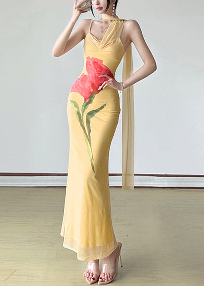 Slim Fit Yellow Bow Print Tulle Spaghetti Strap Dress Sleeveless