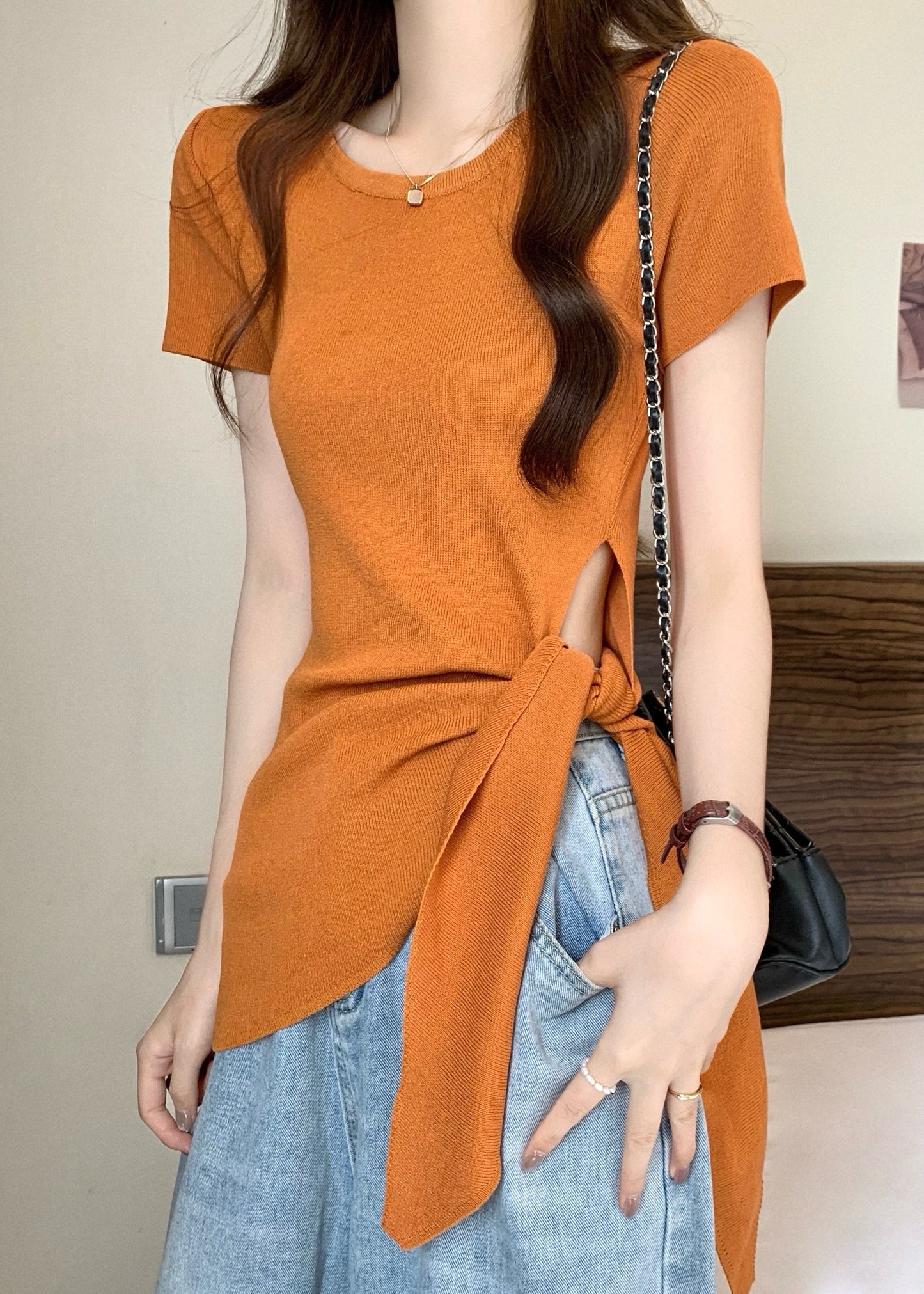 Slim Fit Yellow O-neck Asymmetrical Hollow Out Bow Top Summer